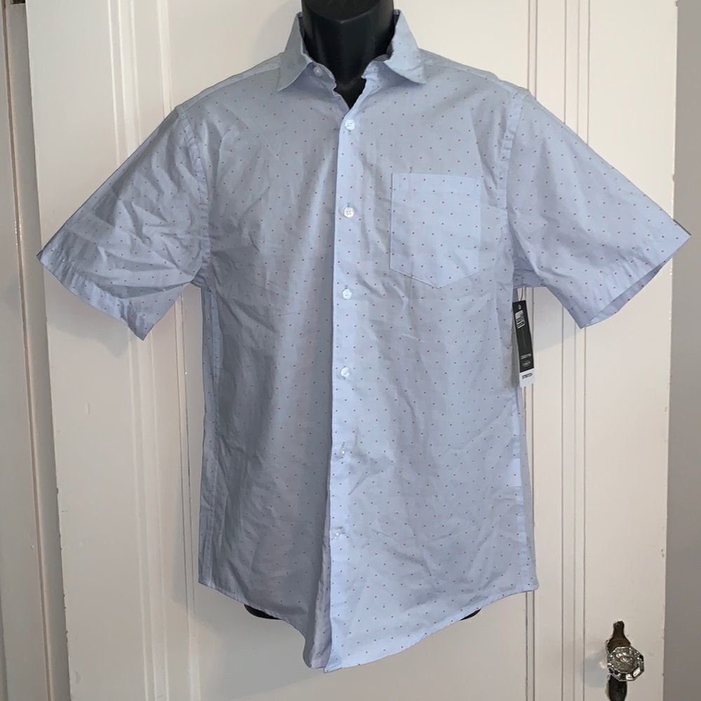 NWT Claiborne light‎ blue shirt with red polka dots